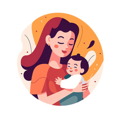 AI generated: Breastfeeding illustration, mother feeding a baby with breast with nature and leaves background. Concept vector illustration in cartoon style.