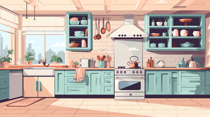 AI generated: Modern cozy kitchen interior with dining area, flat style, vector graphic design template