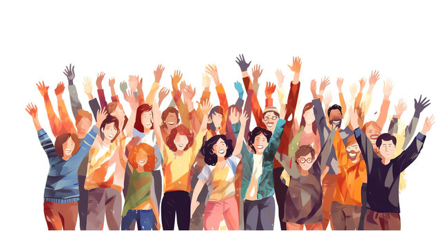 AI generated: Crowd of happy people group, welcoming and applauding. Active fans audience with hands up standing together. Young men and women yelling at event. Flat vector illustration isolated on wh