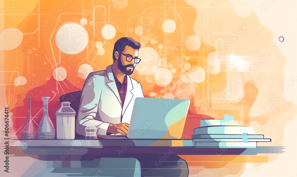 Poster AI generated: Scientist at work, characters conducting experiments in lab. Vector illustration in flat style