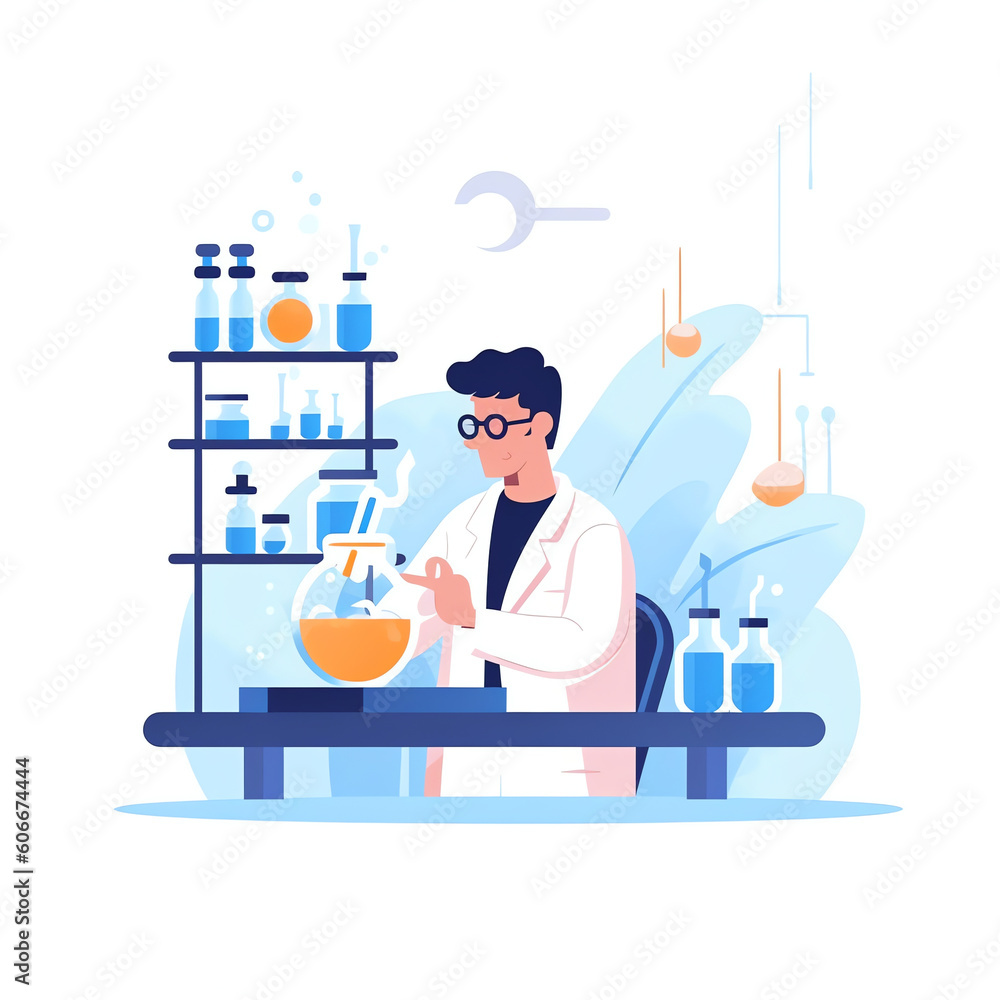 Poster AI generated: Scientist at work, characters conducting experiments in lab. Vector illustration in flat style