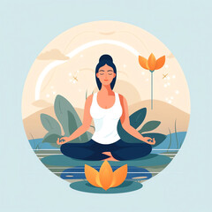 AI generated: Woman meditating in nature and leaves. Concept illustration for yoga, meditation, relax, recreation, healthy lifestyle. Vector illustration in flat cartoon style