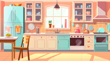 AI generated: Modern cozy kitchen interior with dining area, flat style, vector graphic design template