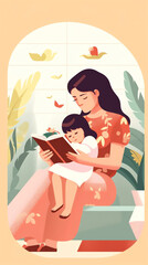 AI generated: Mom reading for kid. Family sitting on the chair with book. Cute vector illustration in flat style