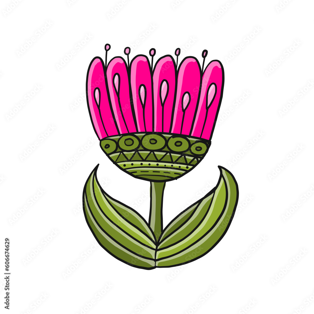 Sticker pink flower with green leaf, isolated on white