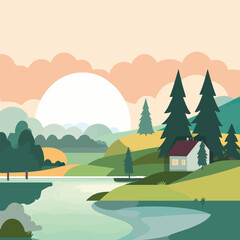 Vector illustration with a simple bright landscape with beautiful houses, lake and mountains in the background
