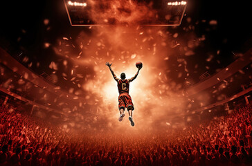 basketball player in flight during basketball games, in the style of light crimson, cartelcore - obrazy, fototapety, plakaty