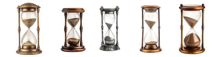 illustration of a set of different hourglasses isolated on transparent, white background, png. - obrazy, fototapety, plakaty
