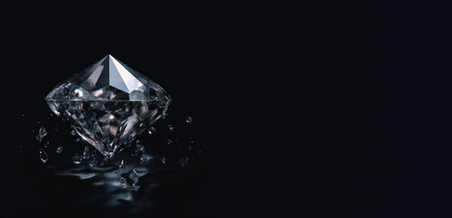 Large diamond floating on black background. Banner with empty space for text. Created with Generative AI technology.