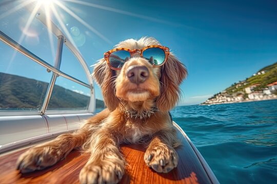 Yacht Life: A Dog on a Boat Wearing Sunglasses in the Sunlight. Generative AI.