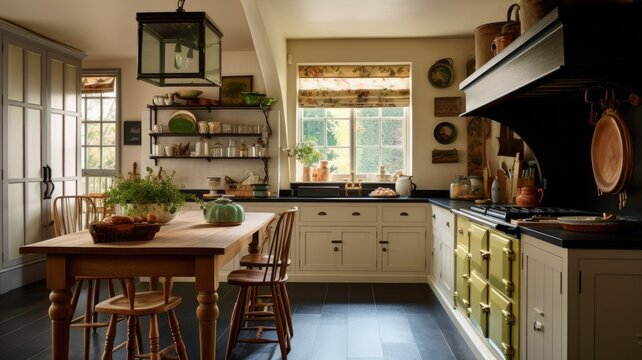The interior design of gorgeous antique country kitchen with counter seating in subtle english style. Generative AI AIG27.