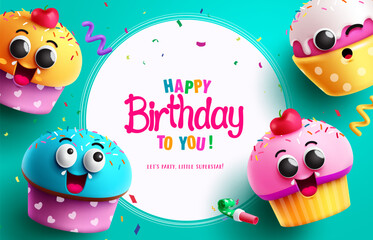Happy birthday text vector template design. Birthday cupcake and muffin characters in white empty space. Vector illustration invitation card background.