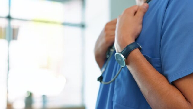 Medical, hands or doctor with stethoscope in hospital for healthcare help, nursing or ready for service in clinic. Closeup of surgeon, nurse or tools of professional worker in cardiology to start job