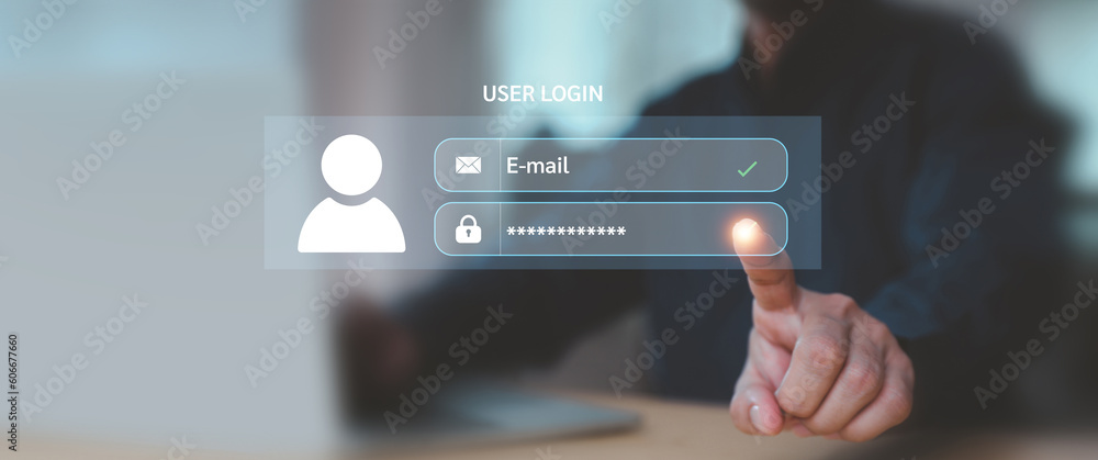Poster businessman use laptop login register username and password identity on webpage concepts of cyber se
