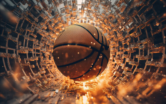 a basketball is coming into an open basket, in the style of tenebrism mastery, fluid motion and movement, innovating techniques