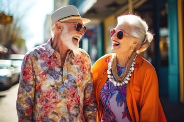 Naklejka premium An extravagant joyful elderly couple in the Italian street