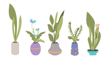 Fototapeta na wymiar Set of indoor plants. Five plants with flowers and leaves in colorful flower pots. Flat vector illustration. 