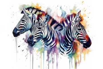 Watercolor painting of an zebras on a white background. Wildlife Animals. Illustration, generative AI.