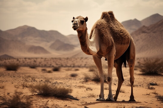 Image of a camel standing in the middle of the arid desert. Wildlife Animals. Illustration. Generative AI.