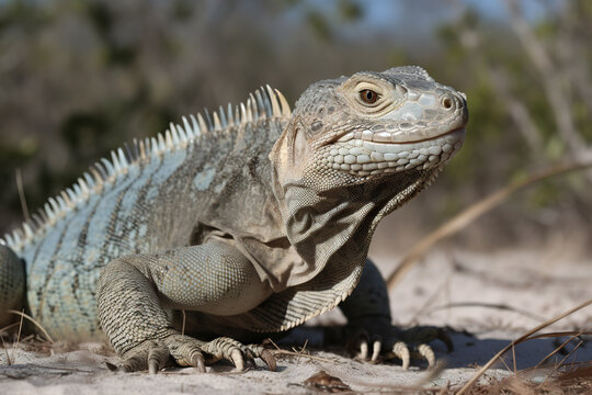 Image of an iguana on the sand. Reptile. Wildlife Animals. Illustration. Generative AI.