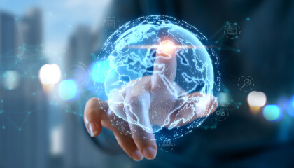 Human hand with digital technology link internet connection, earth, global, world, financial and banking, online communication, digital link tech, metaverse, business, big data analytics, intelligence
