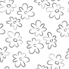Seamless botanical pattern of daisies. Watercolor handmade painting of flowers in a naive style, childish  primitive drawing. Monochrome vector illustration isolated on white background.