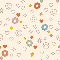 Seamless pattern of bright 70s hippie stickers flower, heart, star. in trendy retro cartoon style. Design wallpaper, cover, children's textiles, banner