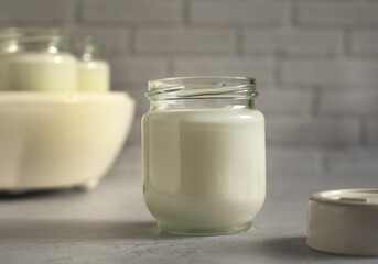 Obraz na płótnie Canvas Natural homemade yogurt in a glass jar with a yogurt maker on a gray background