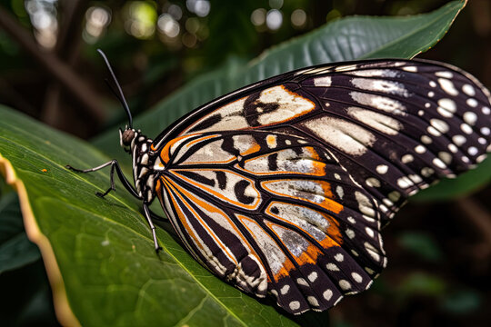 an orange and black butterfly on a green leaf in the rainforest photo by david scott / shutterstocker com. Generative Ai