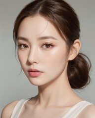 Portrait of beautiful Japanese women with ponytail wearing ballet dress with simple studio background by generative AI