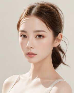 Portrait of beautiful Japanese women with ponytail wearing ballet dress with simple studio background by generative AI