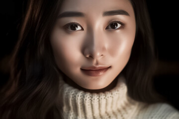 impressive and eye-catching of headshot features a cute Asian girl smiling directly at the camera in a studio setting with dynamic lighting against a dark black background. generative AI.