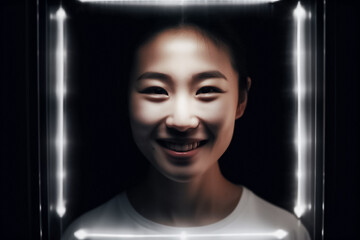 impressive and eye-catching of headshot features a cute Asian girl smiling directly at the camera in a studio setting with dynamic lighting against a dark black background. generative AI.