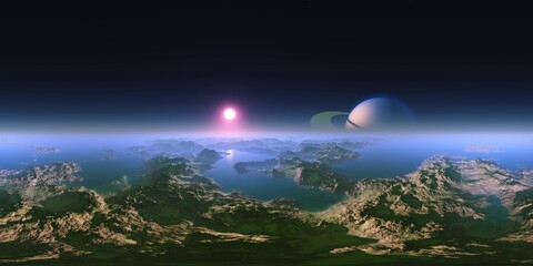Titan (satellite of Saturn) at sunset, panorama of the red planet at sunrise, the surface of an alien from space, 3d rendering