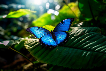 Butterfly on a Green Leaf. Blue Butterfly Beauty. Insect in the Nature. Beuatiful Earth. Generative AI. 