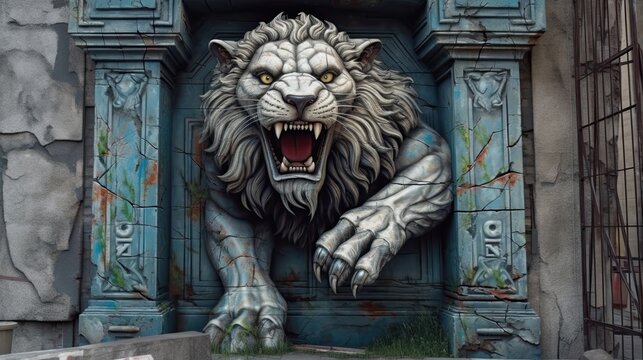 Graffiti of a lion coming out of a wall. Generative AI