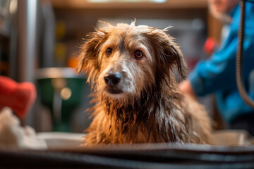 bathing the dog in the bathtub of dog grooming, generative ai