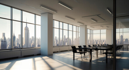 Interior of modern Industrial style open space office with white walls, concrete floor, rows of computer tables and panoramic windows with blurry cityscape. Mock up wall. 3d rendering, generative ai