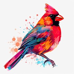 Colorful red bird collection. Beautiful red bird illustration on a white background. Colorful bird with a color splash. Redbird illustration for coloring books. Beautiful bird for kids. AI-Generated.