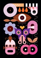 Fotobehang Summer flowers vector illustration.  Abstract geometric design of butterflies and blooming flowers on a black background. ©  danjazzia