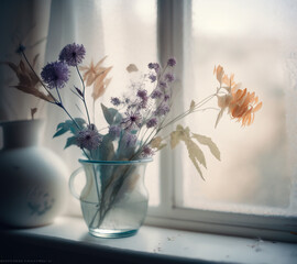 Ethereal image of a bunch of wildflowers in a vase on a window sill.  Generative AI.