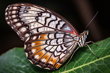 an orange and black butterfly on a green leaf, taken from the top down with its wings spread wide open. Generative Ai
