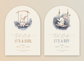 Cute baby shower watercolor invitation card for baby and kids new born celebration. Its a girl, Its a boy card with bunny on a swing in the clouds. generative ai - obrazy, fototapety, plakaty