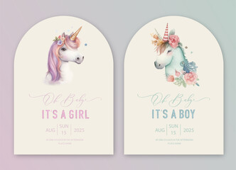 Cute baby shower watercolor invitation card for baby and kids new born celebration. Its a girl, Its a boy card with unicorn in flowers.generative ai