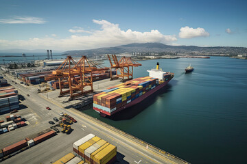 a large container ship docked in the harbor with mountains in the background and blue sky above it, as seen from an aerial view. Generative Ai