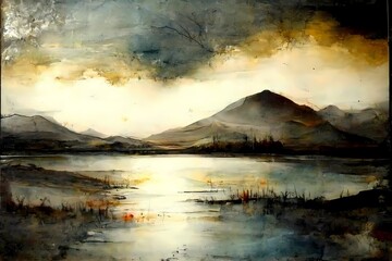 Abstract landscape painting. Lake, mountains, tree, cloudy sky. AI Generative
