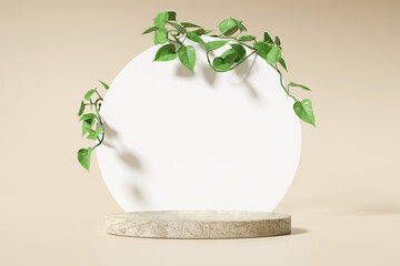 Product display podium with nature leaves on brown background. 3D rendering