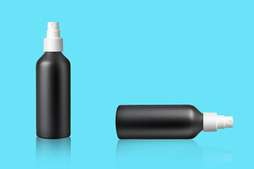 Plastic black cosmetic spray bottle, on blue background. Reflection. Packaging, storage, recycling.