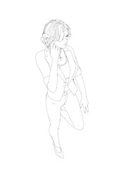 Contour of a girl standing on one leg, elegantly lifting her leg and raising her hand to her face. Curly hair. Vector illustration. Contour of young attractive slim women isolated on white background.