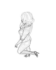 Contour of a girl standing on one leg, elegantly lifting her leg and raising her hand to her face. Curly hair. Vector illustration. Slim body, high heels, short hair, long legs. Young adult lady.